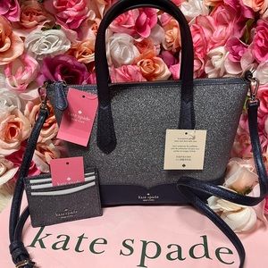 Kate Spade Lola Glitter Satchel Crossbody & Credit Card Holder Dusk Navy